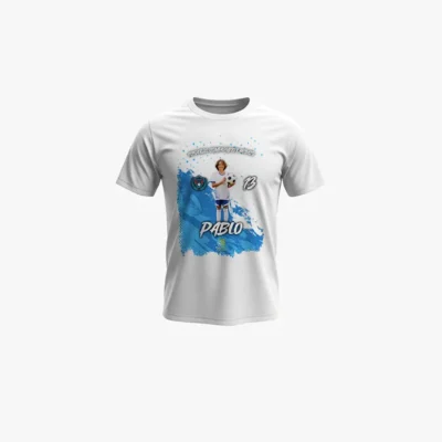 camiseta_pinceladas_azul_fondo_gris Camiseta blanca de futbol personalizada con foto | Pinceladas