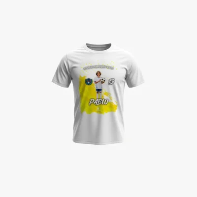 camiseta_pinceladas_dorado_fondo_gris Camiseta blanca de futbol personalizada con foto | Pinceladas